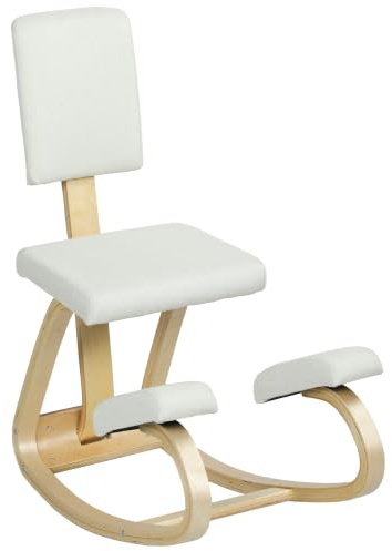 HOMCOM Ergonomischer Kniestuhl mit Rückenlehne, Basis aus Holz Cremeweiß | Kniehocker, Bürostuhl, für Zuhause Büro Meditation, zur Verbesserung der Nackenschmerzen Rückenschmerzen
