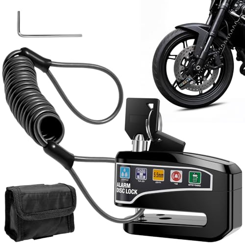 Bremsscheibenschloss mit 110dB Alarm, 7mm Pin, 1,2m Erinnerungskabel | Wetterfestes Schwarz Motorradschloss Alarmschloss für Motorrad, E-Bike & Roller