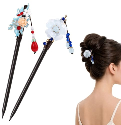 2 Pcs Vintage Wooden Hair Sticks for Women, Traditional Chinese Floral Butterfly Hairpins with Bead Pendants, Elegant Hanfu Hair Chopsticks for Long Hair Styling Accessories