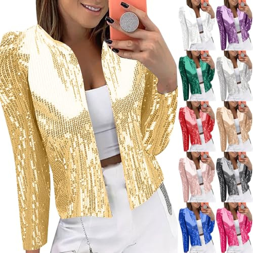 Generisk kavaj dam elegant paljettblazer jacka öppen front party outfit krage paljetter topp lätt kofta bekväm blazer jacka festlig karneval kostym glitter damblazer