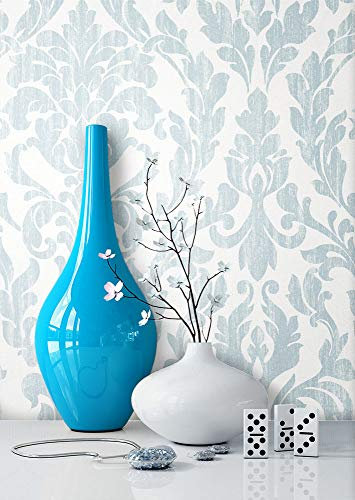 NEWROOM Papier peint Bleu Ornement Intissé - Baroque Bleu Clair Blanc Maison de Campagne