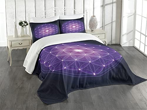 ABAKUHAUS Dunkelblau Tagesdecke Set, Blume des Lebens Sterne, Set mit Kissenbezügen Feste Farben, für Doppelbetten 264 x 220 cm,Dunkelblau Rosa Lila
