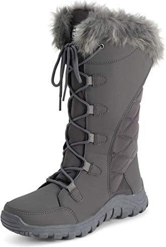 Polar Women's Knee High Winter Boots - Waterproof Fur Lined Quilted Snow Boots with Non Slip Sole, Insulated Warm Outdoor Walking Footwear - Grey Nylon Tall - UK5/EU38
