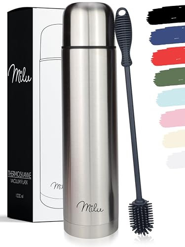 Milu Thermosflasche Thermoskanne Isolierflasche 1L - Isolierte Edelstahl Trinkflasche, 100% Auslaufsicher, Doppelwandisolierung (Edelstahl, 1000 ml)