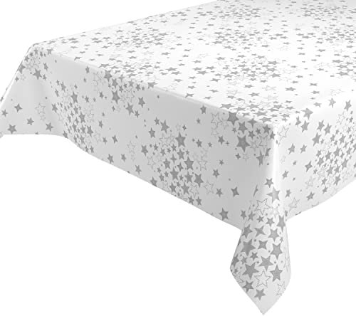 Wachstuchtischdecke abwischbar Tischdecke RUND ECKIG, Weihnachten Motiv und Größe wählbar (Eckig 140x160 cm, Sterne Weiß-Silber)