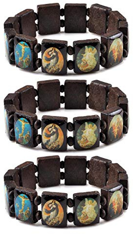 yantu 3 Pcs Religious Wooden Bracelet Jesus Bracelet Saints Rosary Bangles Elastic Stretch Small Panel Wooden Bracelet (Dark Brown)