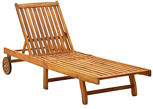 VIHHQGC Lettino da giardino in legno massello di acacia, con supporto, regolabile, con ripiano estraibile e 2 ruote, per balcone, giardino, terrazza, portata massima 110 kg
