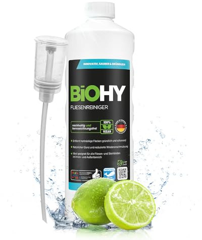 BiOHY Fliesenreiniger (1l Flasche) + Dosierer | Bio Reiniger für Wand- & Bodenfliesen aller Art | Intensiver Kalkentferner | Streifenfreie Reinigung für Wohnzimmer, Küche & Bad | Innen & Außenbereich