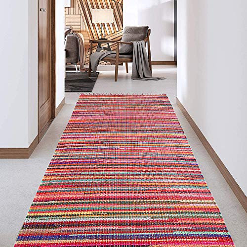 Second Nature Online Festival Long Eco Friendly Multi Color Stripe Fransen Flickenteppich Läufer, handgewebt mit recycelten Stoffstreifen, 60 cm x 300 cm