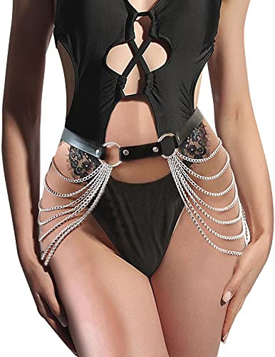 JasGood Damen Punk Taille Körperkette Gürtel, Punk Leder Körperzubehör Schwarz mit Goldene Kette, Party Sexy Gothic Accessoires für Frauen und Mädchen Karneval Cosplay
