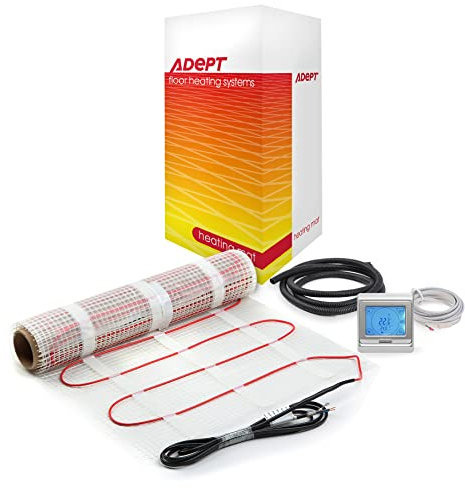 Adept Premium Electric Underfloor Heating Mat Kit 200W per m² with Self Adhesive Backing for Under Tile or Stone Floors - 12m2 Kit - Silver Touchscreen Thermostat