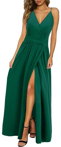 Newshows Sommerkleid Damen Lang Maxikleid Sommer V Ausschnitt Kleid Schlitz Freizeitkleid Elegant für Hochzeitsgast (Grün,Mittel)