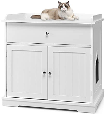 COSTWAY Katzenschrank mit Schublade & Tür & Eingang, 3-in-1 Katzenhaus Katzentoilette Beistelltisch, Schrank Katzenklo Katzenkommode, Katzenhöhle Haustierbox, Katzenmöbel (Weiß)