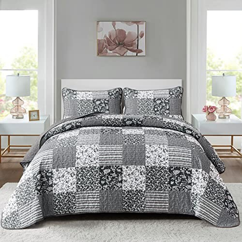 Mybedsoul Parure de lit 3 pièces à carreaux floraux pour toutes les saisons, motif patchwork réversible, noir, gris, très grand lit, 228,6 x 264,2 cm