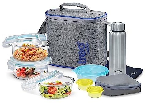 Treo by Milton Glass Tiffin Set of 8 Lunch Box Set for Adults and Kids, Bento Box with Jacket, Leak Proof, Perfect for Meal Prep, Snack Box, Food Storage & School, Easy to Clean- All Fresh Premier
