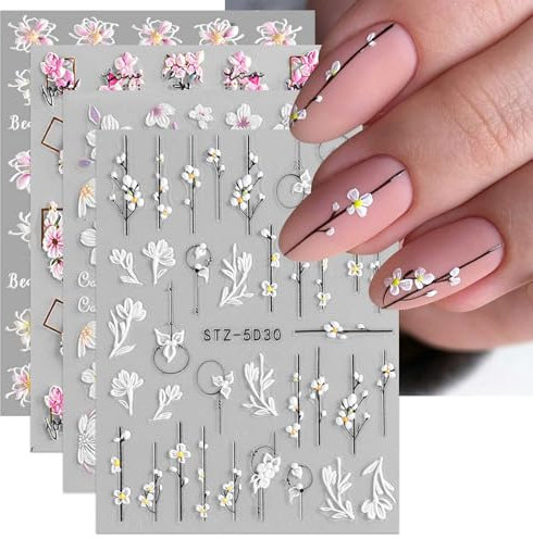 JMEOWIO 3D Nagelsticker Frühling Blume Nail Art Sticker Selbstklebend Nagelaufkleber 5D Stereoskopisch Blumen Dekoration Nageldesign Zubehör 4 Blatt