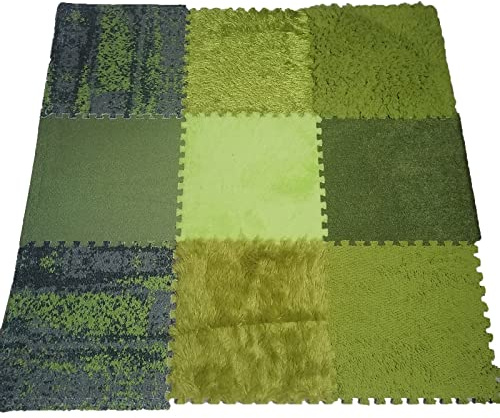 9 Pcs Interlocking Carpet Tiles, Plush Foam Square Floor Mats, Sensory Mats Puzzle Play Mat, Fluffy Green Area Rugs Set, 9 Tiles/9 Sq.Ft