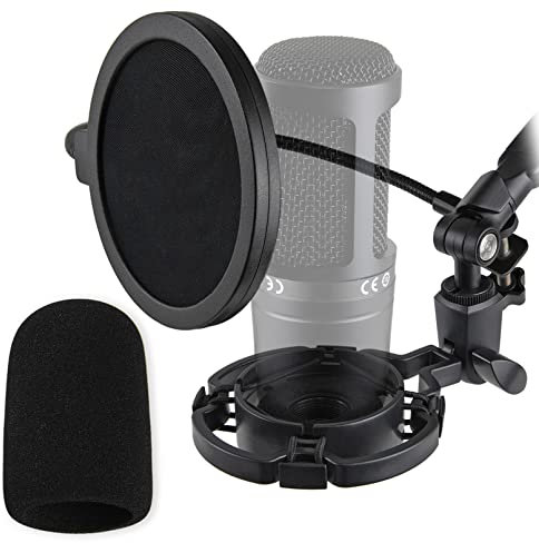 AT2020 Shock Mount with Pop Filter and Foam Windscreen, Noise Reduction Microphone Shock Mount Mic Holder for Audio Technica AT2020 Mic