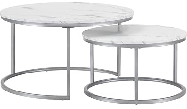 hitsuki Marmor Couchtisch Rund Wohnzimmertisch weiß Couchtisch Rund 2er Set Beistelltisch Silber aus Metallgestell Tisch Wohnzimmer, Coffee Table Silber 80+60 cm