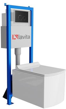 Lavita LAV 101 Vorwandelement für WC 40cm + Wand Hänge Tiefspül WC FAGO Weiß Spülrandlos + Bedienplatte LAV 200.4.4 Schwarz | Komplettset | Unterputz Spülkasten | Toilette Komplett Sett