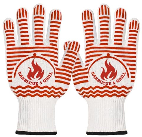 Xndryan 250°C Heat Resistant BBQ Gloves, Oven Mitts with Fingers, Non-Slip, Red