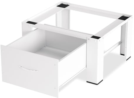 Vkechh Waschmaschinen Untergestell mit Schublade 62.5x54.5x32.5cm, waschmaschinen unterschrank bis 150kg, Stahl Waschmaschinensockel, Waschmaschine Untergestell, Waschmaschinen Erhöhung Weiß