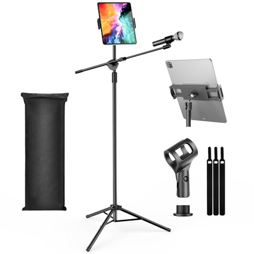 OUKMIC Height Adjustable Boom Mic Stand Tripod with Phone/Tablet Holder | Carrying Bag Included, for Singing Karaoke Stage