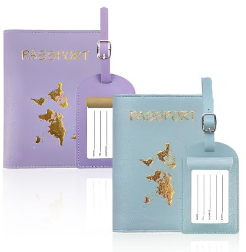 AUEFUDQ Reisepasshülle, 4 Stücke Passport Holder Und Kofferanhänger Set, Pu Leather Gepäckanhänger Passport Cover Für Kreditkarten Ausweis Und Reisedokumente (Lila, Hellblau)