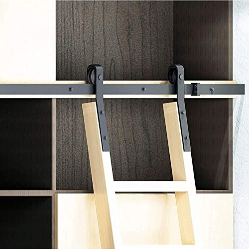 CuNtoHHH 5ft-13ft Schiebeleiter-Bibliothek, komplettes Hardware-Rollschienenset mit Bodenrollen (ohne Leiter), Flache, Mobile Leiterschiene für Zuhause/drinnen/auf dem Dachboden, schwarz (Größe: 5ft/