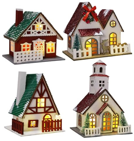 Weihnachtsdeko Holzhaus Beleuchtet, Weihnachtsdorf mit Beleuchtung, Aufhängbar Holz Weihnachtshäuser mit LED Licht, 4 Stück Mini Weihnachtshaus für Weihnachtsdeko Innen, Winter Hüttenlandschaft (E)