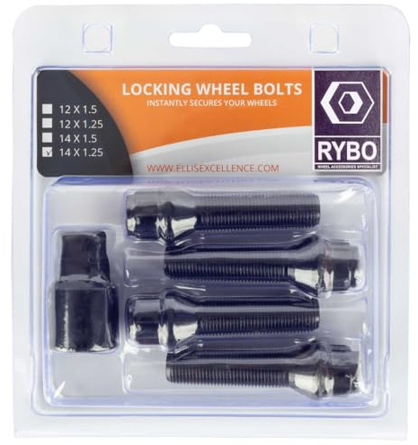 RYBO Set of 4 M14 x 1.25 Tapered Alloy Wheel Locking Bolts (Chrome or Black) (Black, 45mm Thread Length)