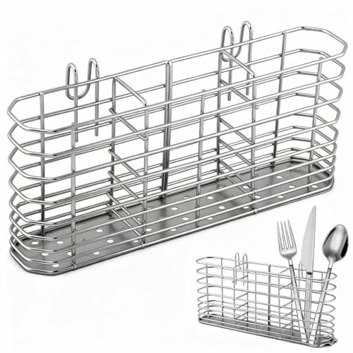 Ranjaner 304 Stainless Steel Utensil Holder, Dish Drying Rack with Hooks, Utensil Holder for Sink, Knife and Fork Drainer Basket, Kitchen Drainage Basket Accessories(Sliver,Size:7.9inch)