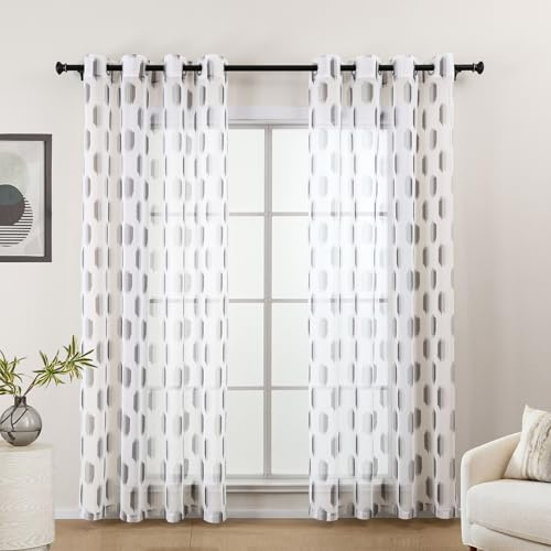 L.Z.E Gardinen Grau Weiß, Vorhänge für Wohnzimmer, Vorhang Grau Weiss für Schlafzimmer, 175 cm Lang, mit Ösen, Transparent, Geometrisches Design, 2er Set Gardinenschal Ösenschal (LZE2237E-GR175)