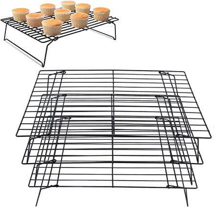 3 Tier Cooling Racks for Cooking and Baking, 34x24 cm Stackable Non Stick Metal Baking Racks for Baking, Grilling, Roasting, Cookies