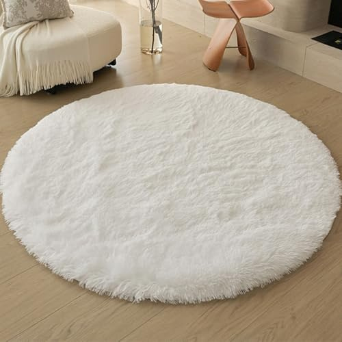 Swsen Rund Teppich Wohnzimmer Super Weich - Shaggy Teppiche Flauschig Anti-Rutsch Unterseite - Moderner Carpet Waschbar Langflor Hochflor Teppiche 60 cm Durchmesser, Weiß