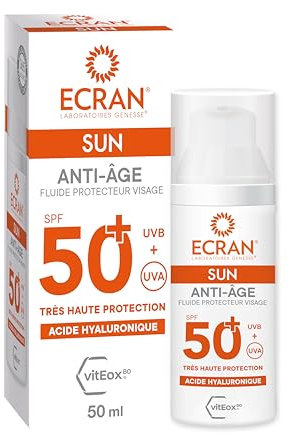 ECRAN® - Crème Solaire Visage - Haute Protection - Technologie vitEox80 - Vitamine E - Acide Hyaluronique - Protection UVA UVB Coups de Soleil - Protection Solaire SPF50+ - Bronzage Naturel - Anti Âge