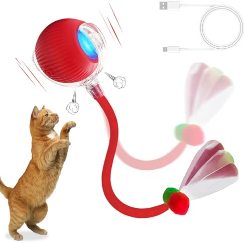 FLITI Jouet Chat Interactif, Rechargeable Jouet électrique à Balle Intelligente, Trois Modes Réglables, avec Une Queue en Maille élastique, Jouets Automatiques Intérieur pour Chats/Chatons, Rouge