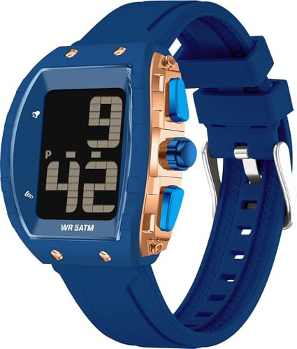 findtime Reloj de pulsera digital para personas mayores, fácil de leer, esfera grande, impermeable, deportivo, al aire libre, único, electrónico, para ancianos, con cronómetro LED y alarma, azul