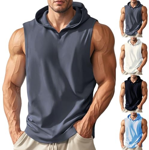 Sweat à Capuche sans Manches pour Homme - Débardeur d'été - Coupe ajustée - T-Shirt léger et Solide, Sweat à Capuche Bleu pour Homme, L