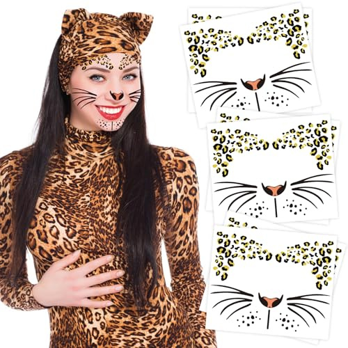 Leoparden Face Art Sticker, 6 Stück Leopard Gesichtstattoo Aufkleber, Selbstklebendes Temporäre Tattoo Set, für Karneval Halloween Party Make-up (B)