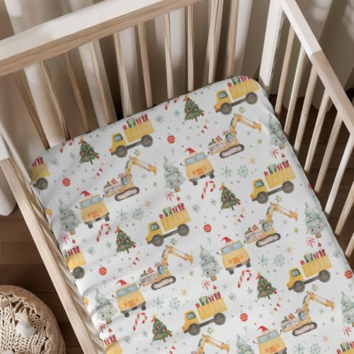 Christmas Theme Car Construction Trucks Trees Snowflakes Transportation Pattern Baby Sheets for Crib, Unisex Christmas Nursery Fitted Bed Sheet for Boys Girls Standard Crib and Toddler Mattress-28x52