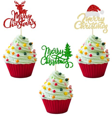 24 Stück Frohe Weihnachten Cupcake Topper, Tortendeko Weihnachten, Merry Christmas Cake Topper, Mit Weihnachtsmützen, Weihnachtsbäumen & Rentieren, Festtags Kuchendekoration für Weihnachts-Party