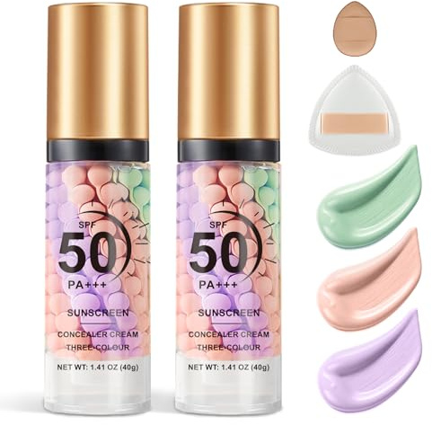 QIUFSSE 2PCS Color Correcting Primer Face Makeup with Powder Puff,Face Primer with SPF 50,Oil Control Primer Makeup,Hydrates and Moisturizes,Radiance Skin,Protector Solar Para La Cara Con Color
