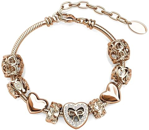 MGJ™ Women's Heart Charm Bracelet with Austrian Crystals – Hypoallergenic Jewellery Gift in Ready to Gift White Pouch Christmas Jewellery Gifts for Her (Rose Gold)