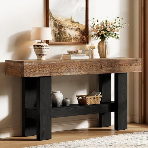 Tribesigns Table Console en Bois Massif, Table Console Entree de 160 cm avec étagère de Rangement, pour Le Salon, Le Couloir, Le Hall D'entrée, Marron et Noir Console Bois.