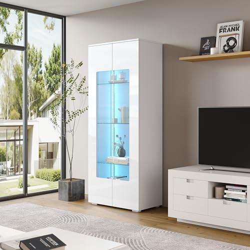 Merax Vitrinenschrank Transparente Vitrine mit LED-Beleuchtung, Hochschrank Hochglanz Weiß mit Doppeltüren aus Acryl, 3 Glasboden, Sammlervitrine Bücherregal Standvitrine für Wohnzimmer Büro, 173cm