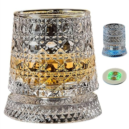 Set di bicchieri da whisky rotanti a 360 gradi, tumbler in cristallo Old Fashioned con base luminosa in rilievo unica, coppa girevole per cocktail e vino, bicchieri e accessori da bar, regali per