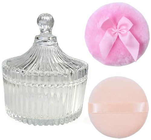 ZHIYE 2 Pcs Body Powder Puffs with Glass Dusting Powder Container - Washable Reusable Puffs for Body Talcum & Bath Powder, Empty Storage Box for Women & Baby Skincare