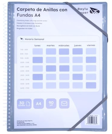 Raylu Paper – Sorteringsmapp med A4 genomskinliga fodral och ringar, bindemedel med 90 mikrofoner, kuvert med dragkedja och anpassat lock för organisation (30 fodral, rök)