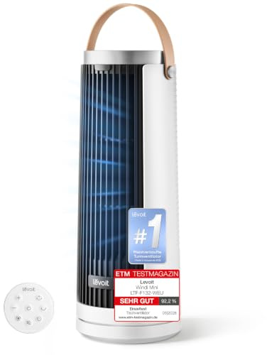 Levoit Windi Mini 20dB leiser DC Turmventilator, platzsparend kleine Räume | 5 Windstufen, 90° Oszillation Ventilator für kleine Räume, 12Std Timer & Fernbedienung für Schreibtisch und Schlafzimmer